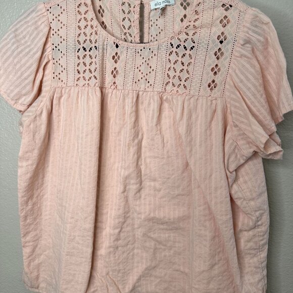 Ella Moss Womens Eyelet Lace Pink Top Size M Short Sleeve Cotton peasant gauzy - Picture 2 of 6